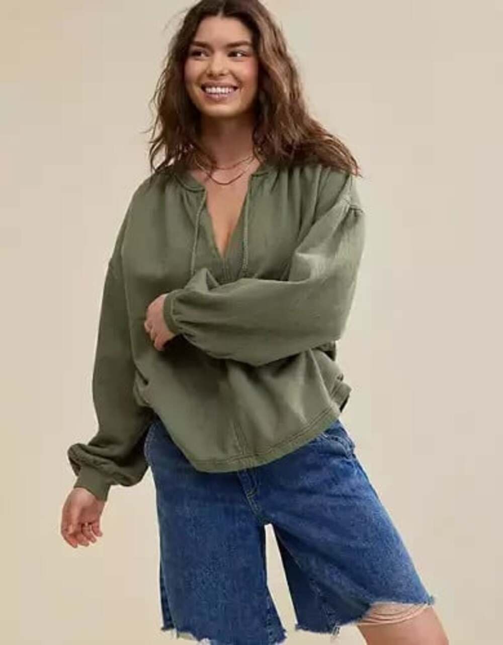 Aerie XL Oversized V-Neck Sweatshirt Green Paneled Seam Distressed Pullover NWT